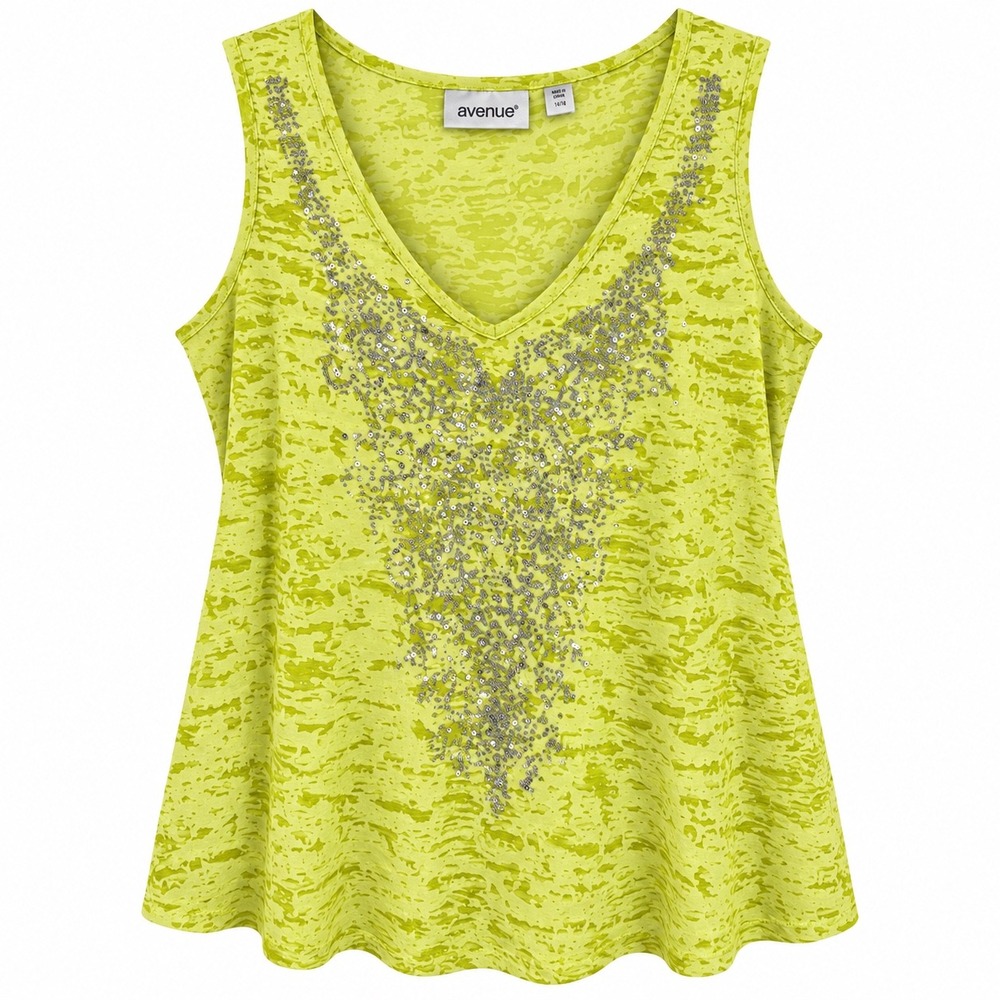 Avenue Tank Top Sequin Burnout V-Neck 14/16 Lime Green Sleeveless Sparkle